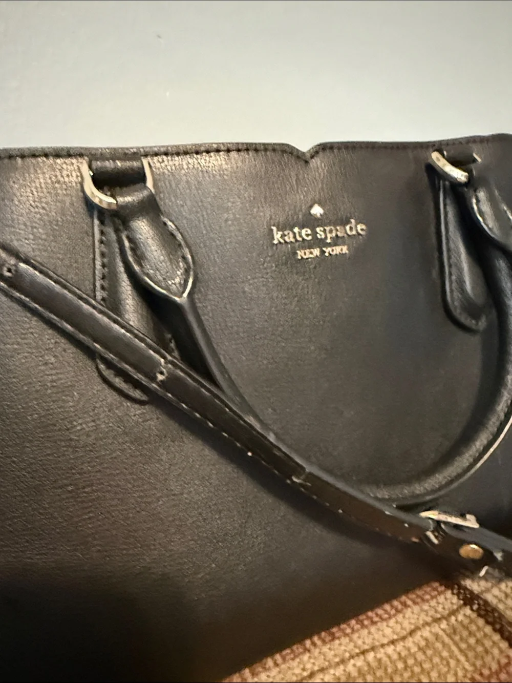 kate spade black Saffiano leather satchel with gold logo